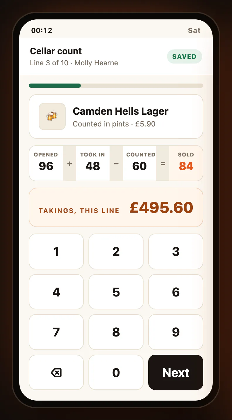 Phone cellar-count screen tallying opened, delivered and sold units for a lager line
