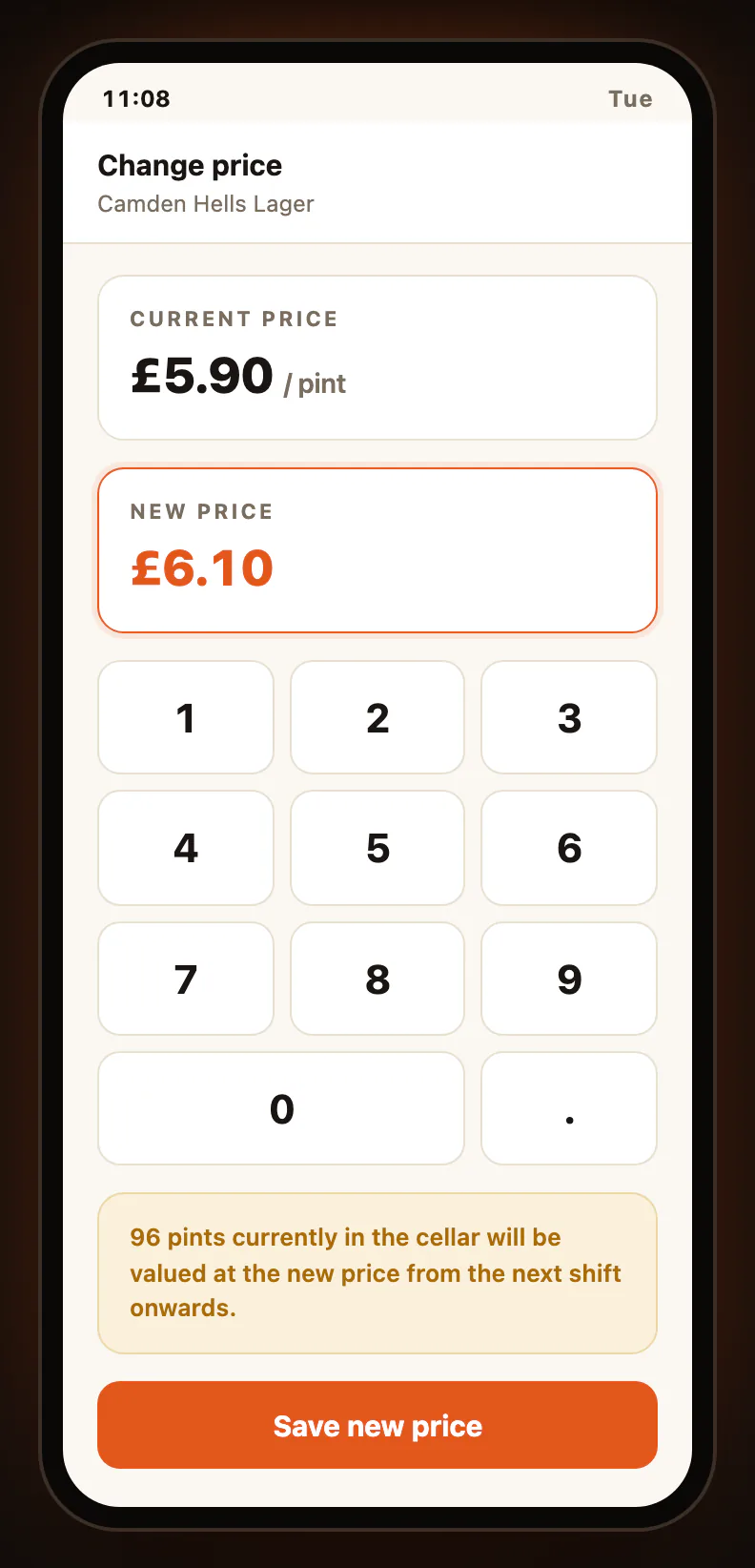 Phone screen changing the price of a lager line on a numeric keypad