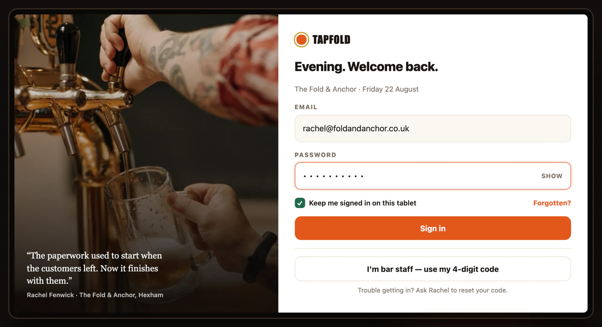 Tablet login screen for the pub-management app with a staff testimonial