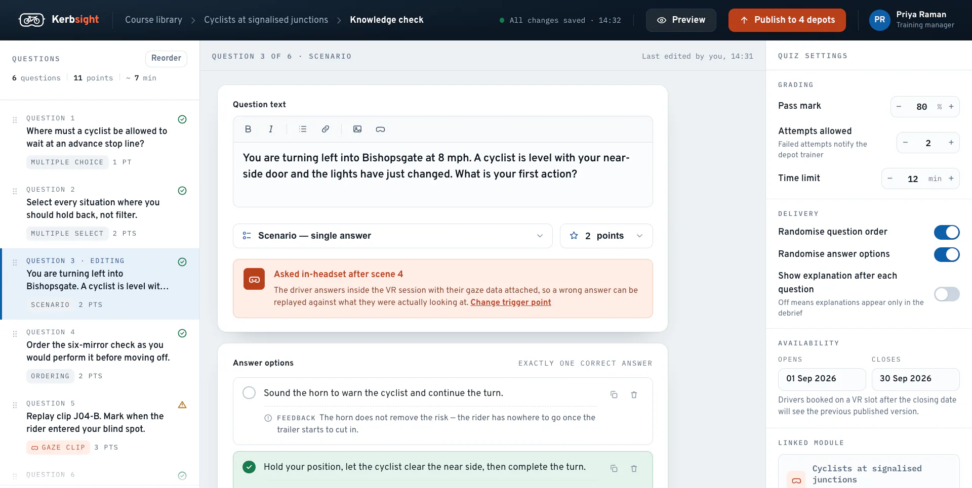Knowledge-check editor building a hazard-perception question with scenario-based answers
